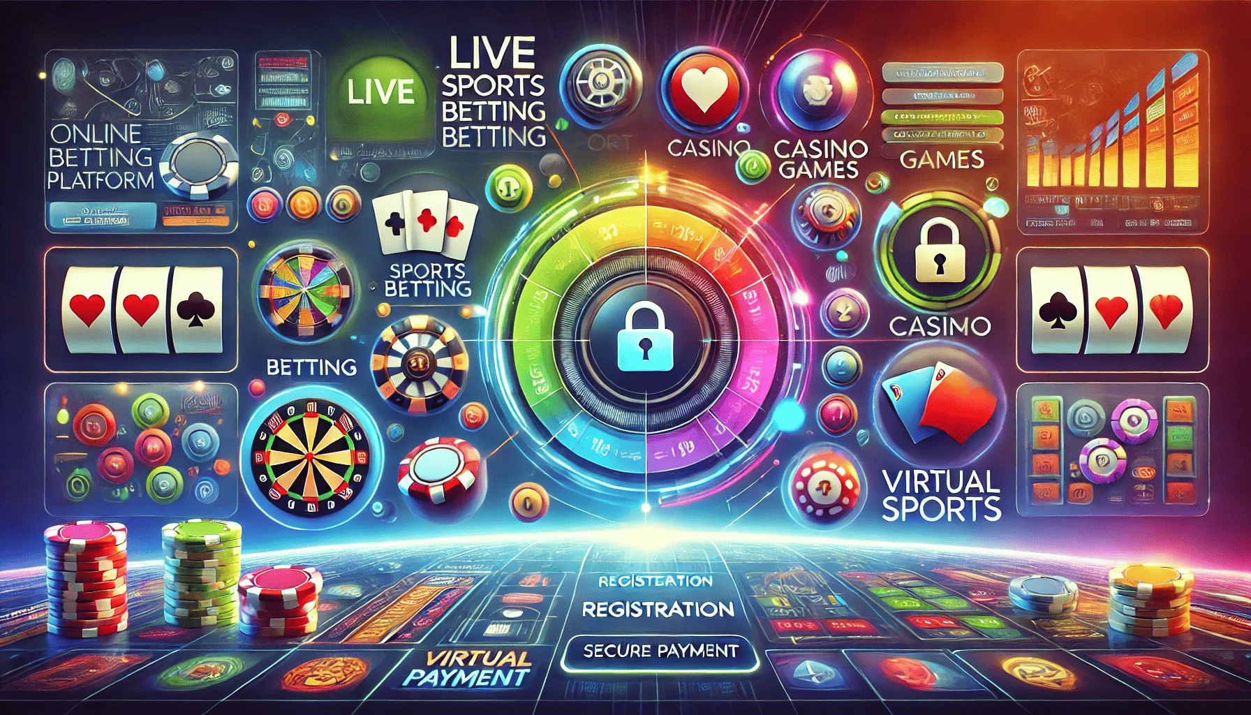 Modern online betting platform interface with live sports betting icons, casino games, secure payment symbol, and registration prompt in a colorful, user-friendly design.