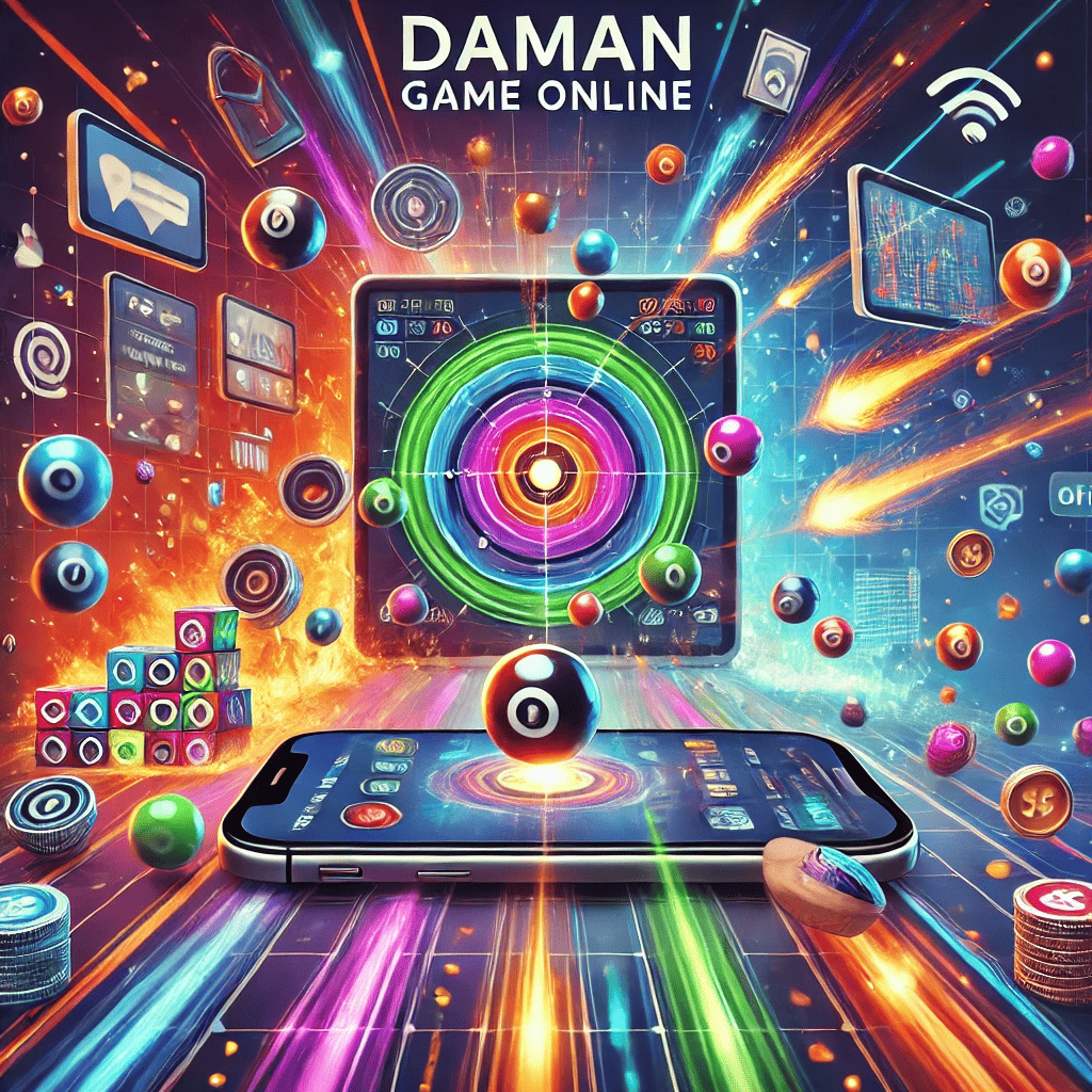 Exciting Daman game online on a smartphone with colorful marbles and social gaming icons showcasing connectivity and competitive gameplay.